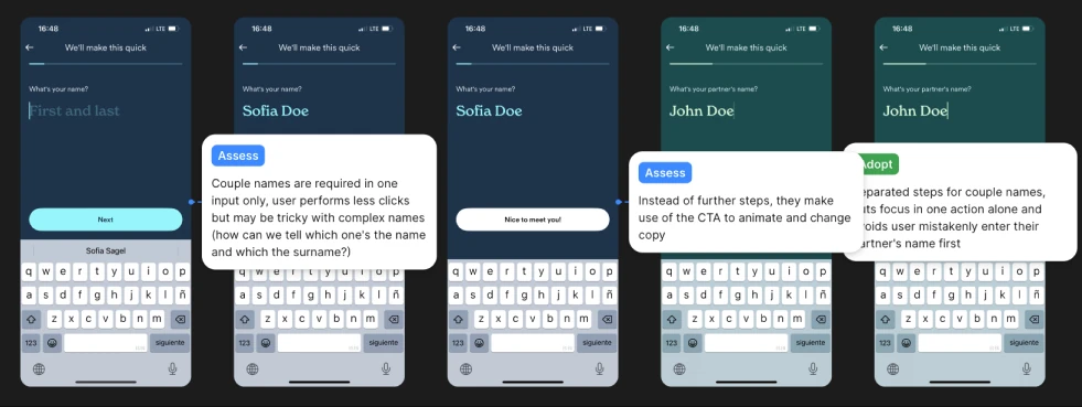 Five dark-mode phone mockups of a couple-names step, annotated with critique bubbles proposing to combine the steps and use the CTA copy to guide users instead of adding more screens.